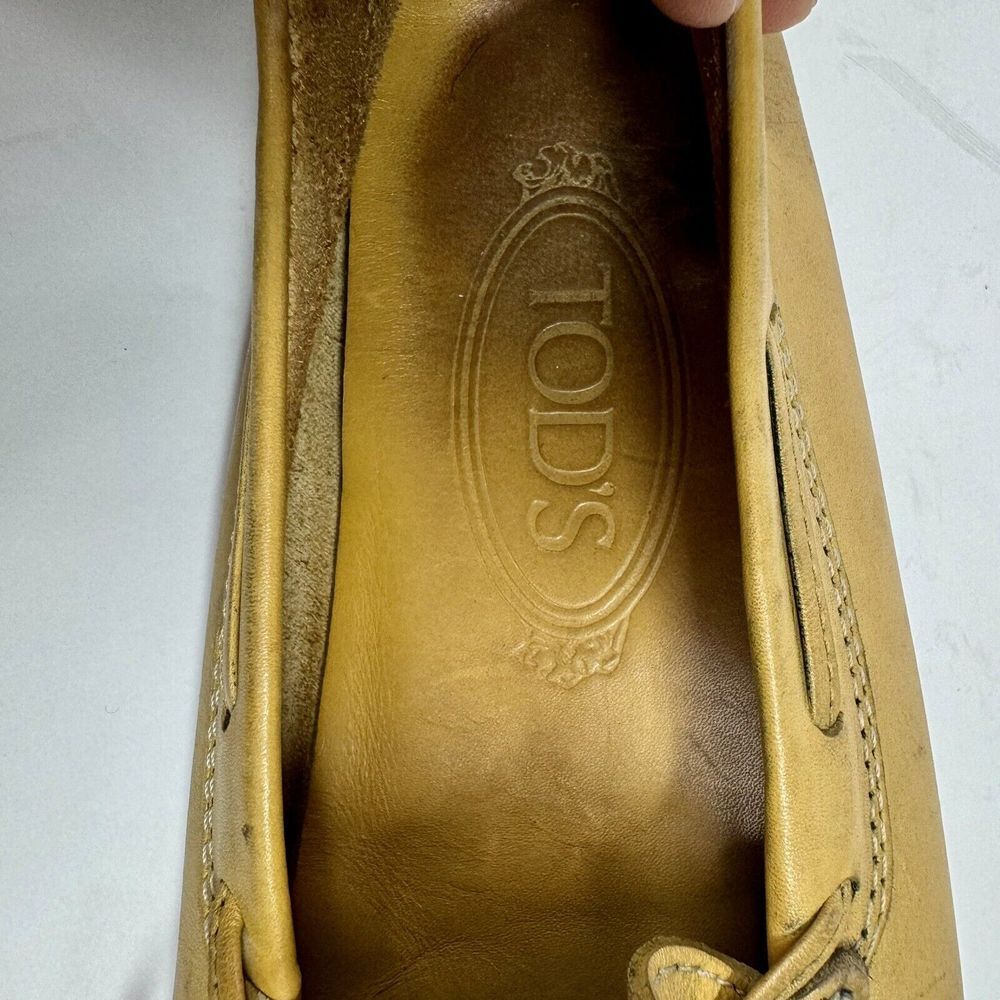 TOD's Tan 100% Leather Driving Flat Loafers with Rubber Pebble Soles Sz 35.5 - Picture 4 of 15